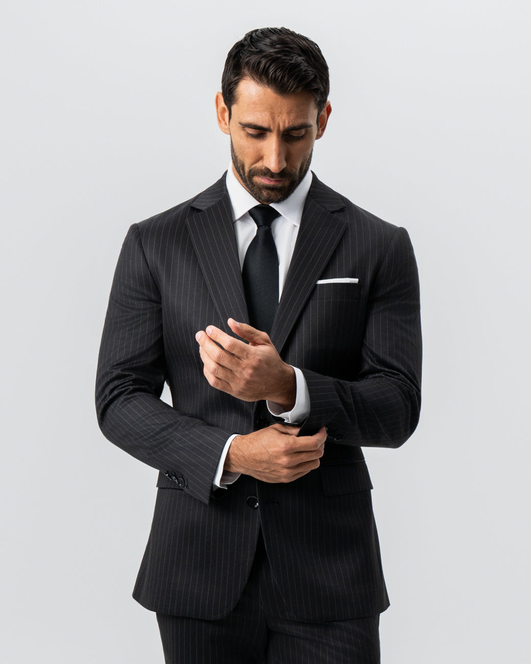 Athletic Fit Stretch Suit - Charcoal with Light Grey Stripe