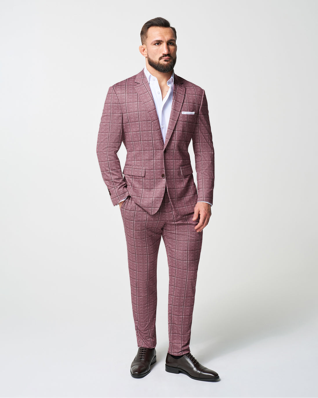 Athletic Fit Stretch Suit - Crimson with Burgundy Big Windowpane