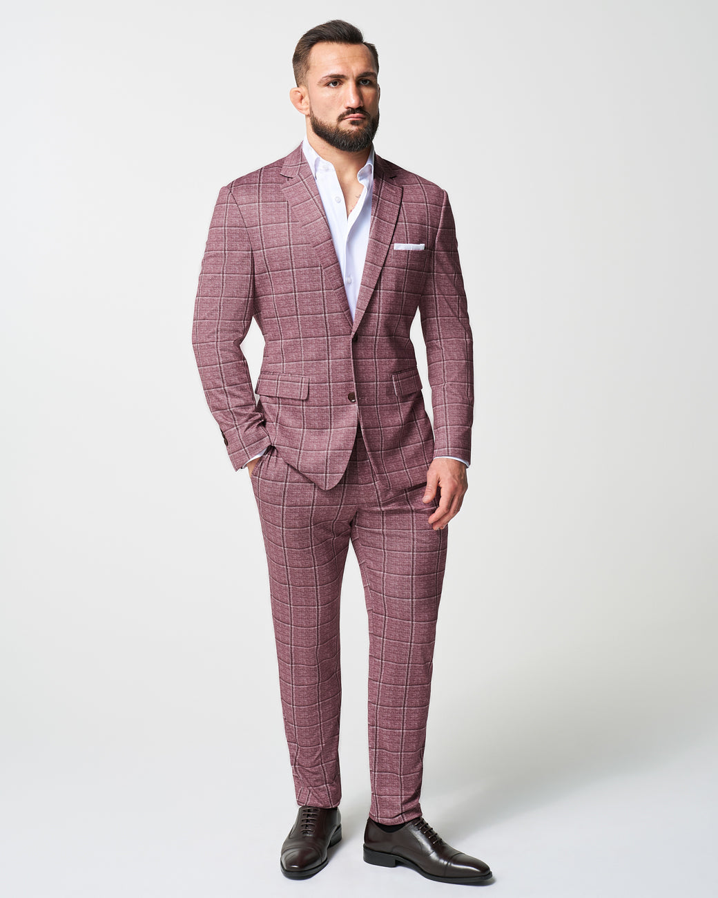 Athletic Fit Stretch Suit Pants - Crimson with Burgundy Big Windowpane