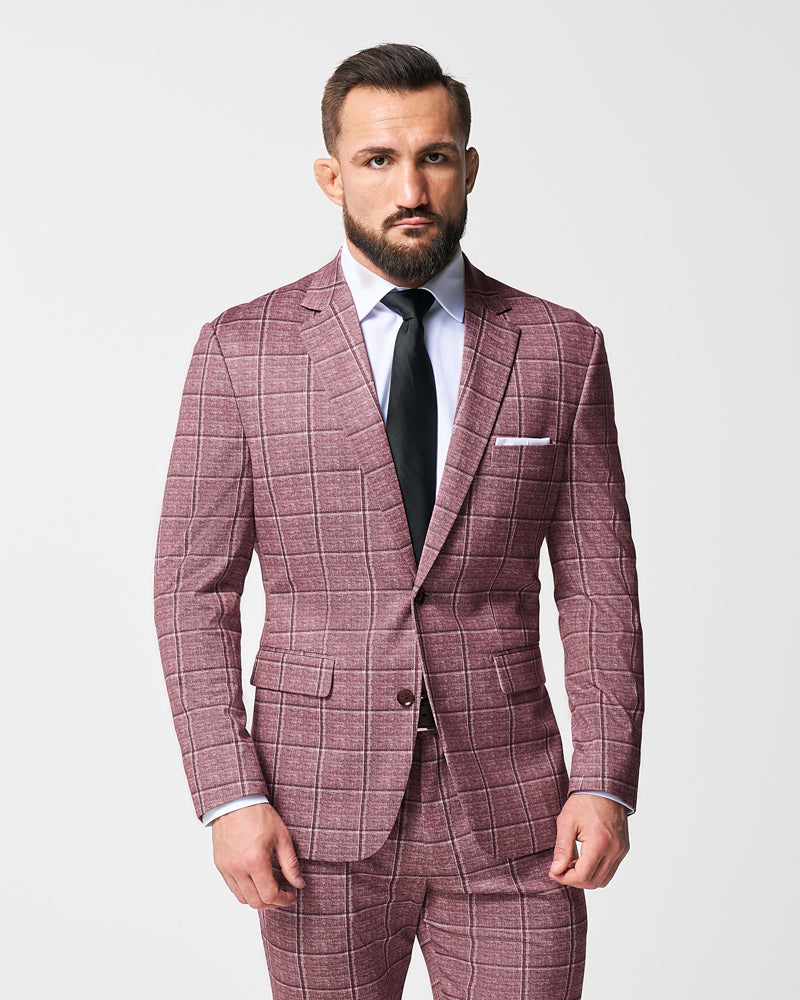 Athletic Fit Stretch Suit - Crimson with Burgundy Big Windowpane