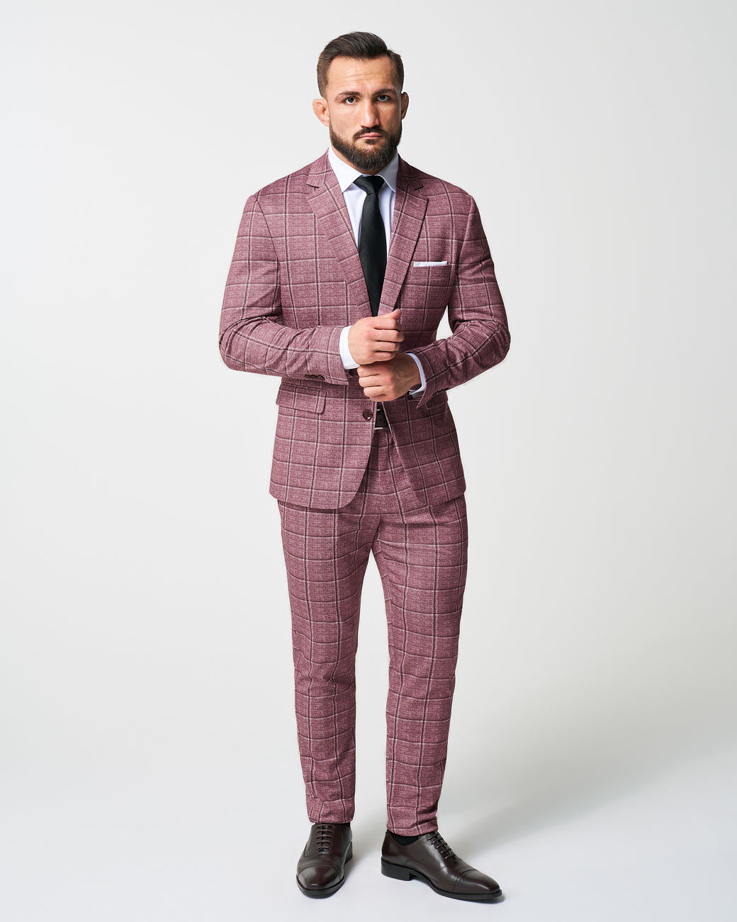 Athletic Fit Stretch Suit Pants - Crimson with Burgundy Big Windowpane