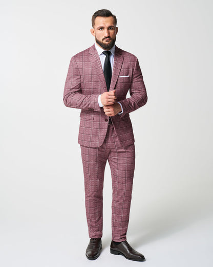 Athletic Fit Stretch Suit Pants - Crimson with Burgundy Big Windowpane