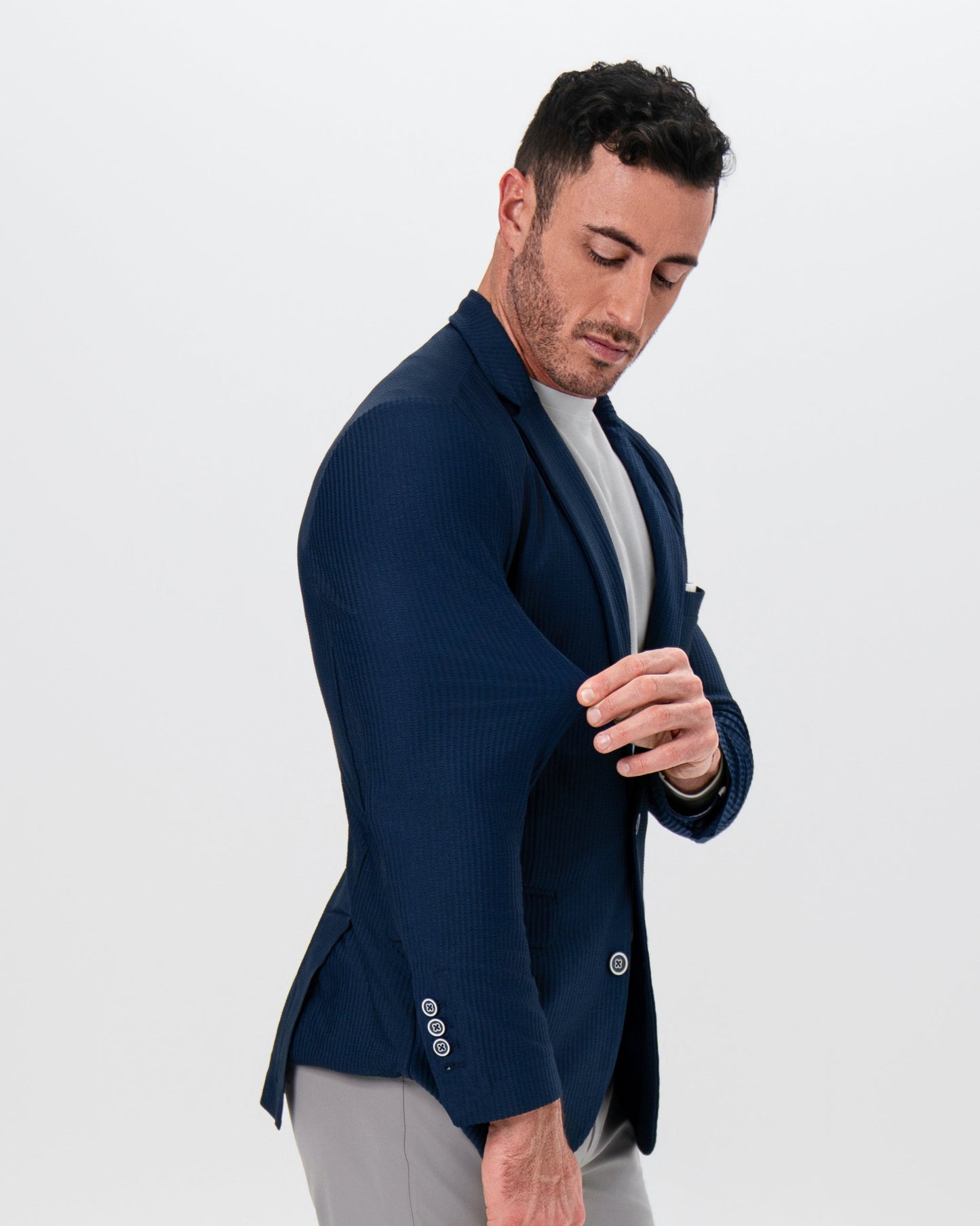 Athletic Fit Stretch Blazer - Navy Seersucker