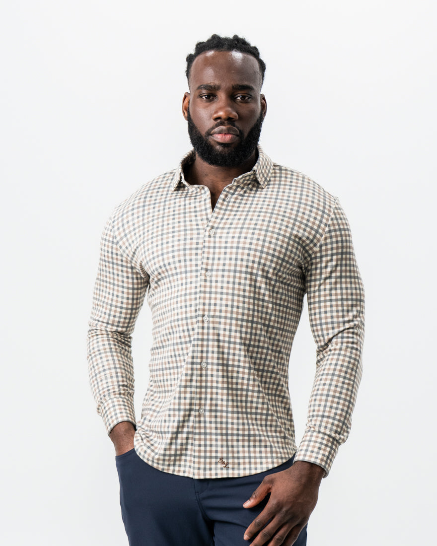 "The Palmer" Brown, Grey, and White Gingham Button Down