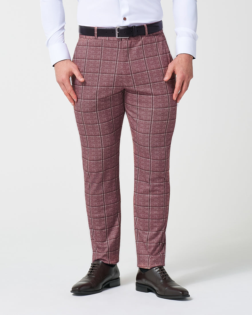 Athletic Fit Stretch Suit Pants - Crimson with Burgundy Big Windowpane