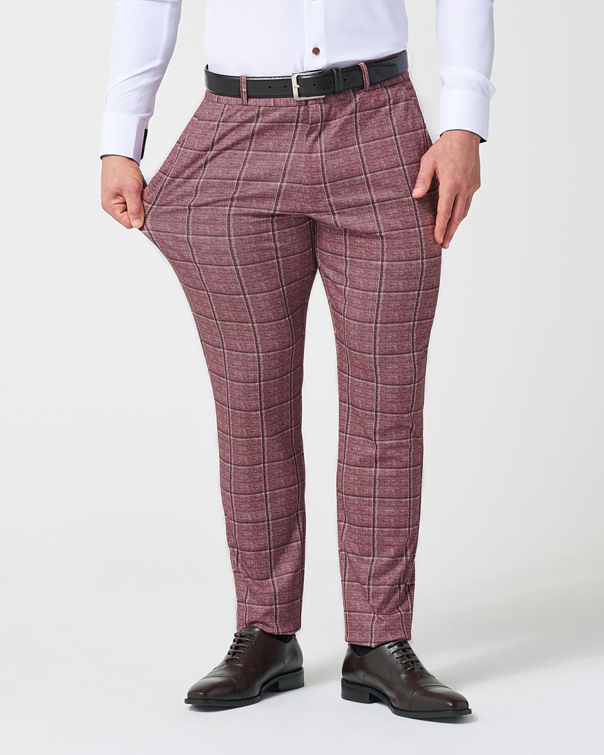Athletic Fit Stretch Suit Pants - Crimson with Burgundy Big Windowpane