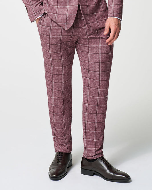 Athletic Fit Stretch Suit Pants - Crimson with Burgundy Big Windowpane