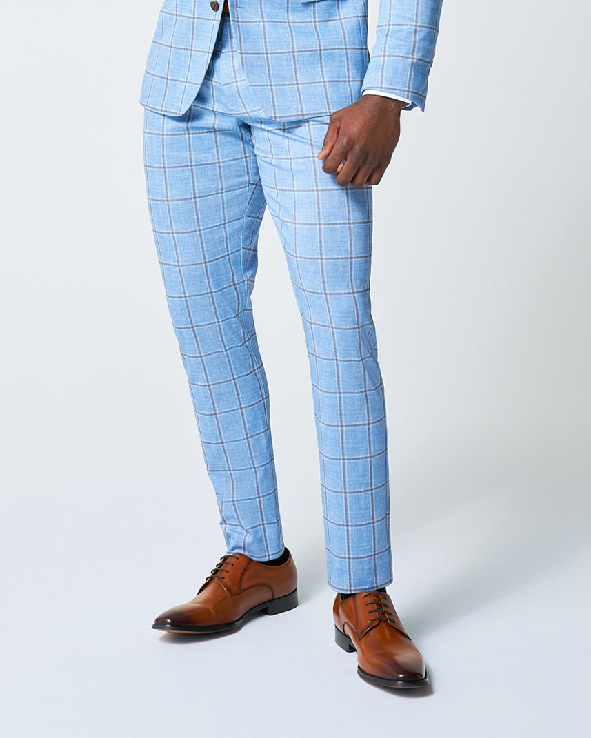 Athletic Fit Stretch Suit Pants - Light Blue and Brown Big Windowpane