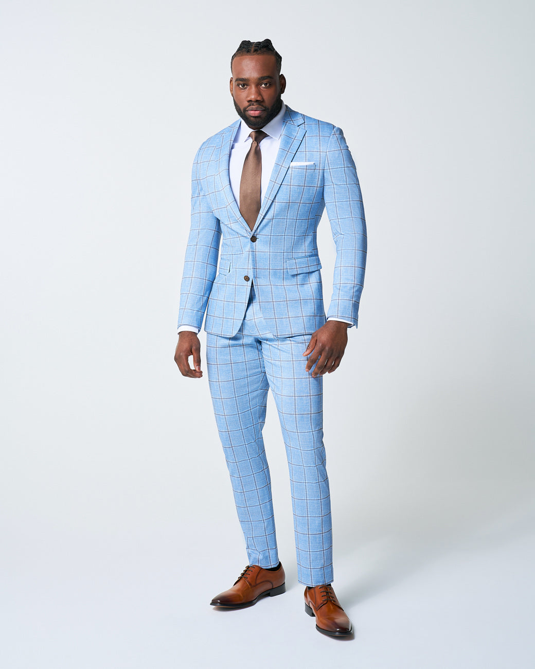 Athletic Fit Stretch Suit Pants - Light Blue and Brown Big Windowpane