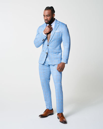 Athletic Fit Stretch Blazer - Light Blue and Brown Big Windowpane