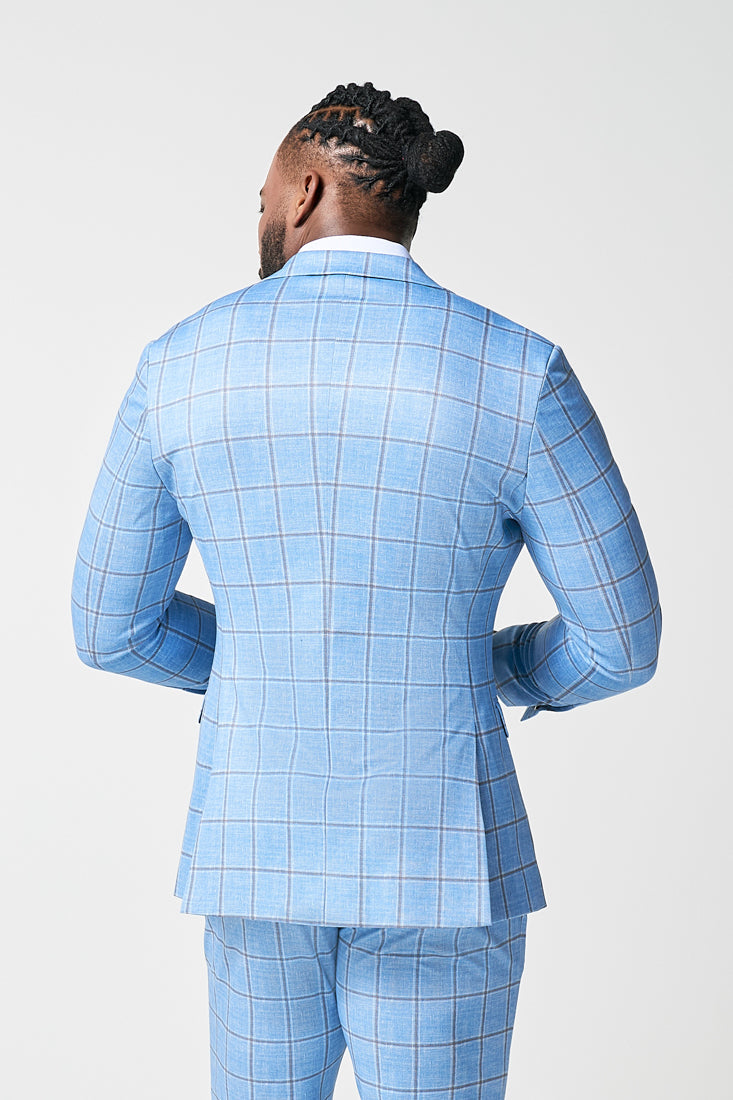 Athletic Fit Stretch Blazer - Light Blue and Brown Big Windowpane
