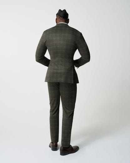 Athletic Fit Stretch Suit - Olive with White Windowpane