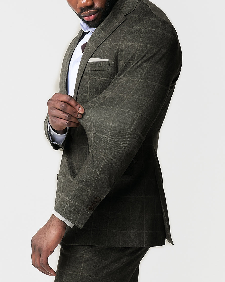 Athletic Fit Stretch Blazer - Olive with White Windowpane