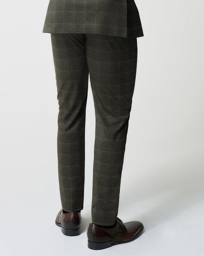 Athletic Fit Stretch Suit Pants - Olive with White Windowpane