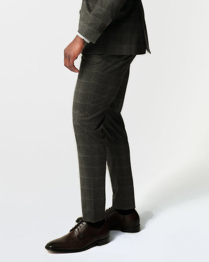 Athletic Fit Stretch Suit Pants - Olive with White Windowpane
