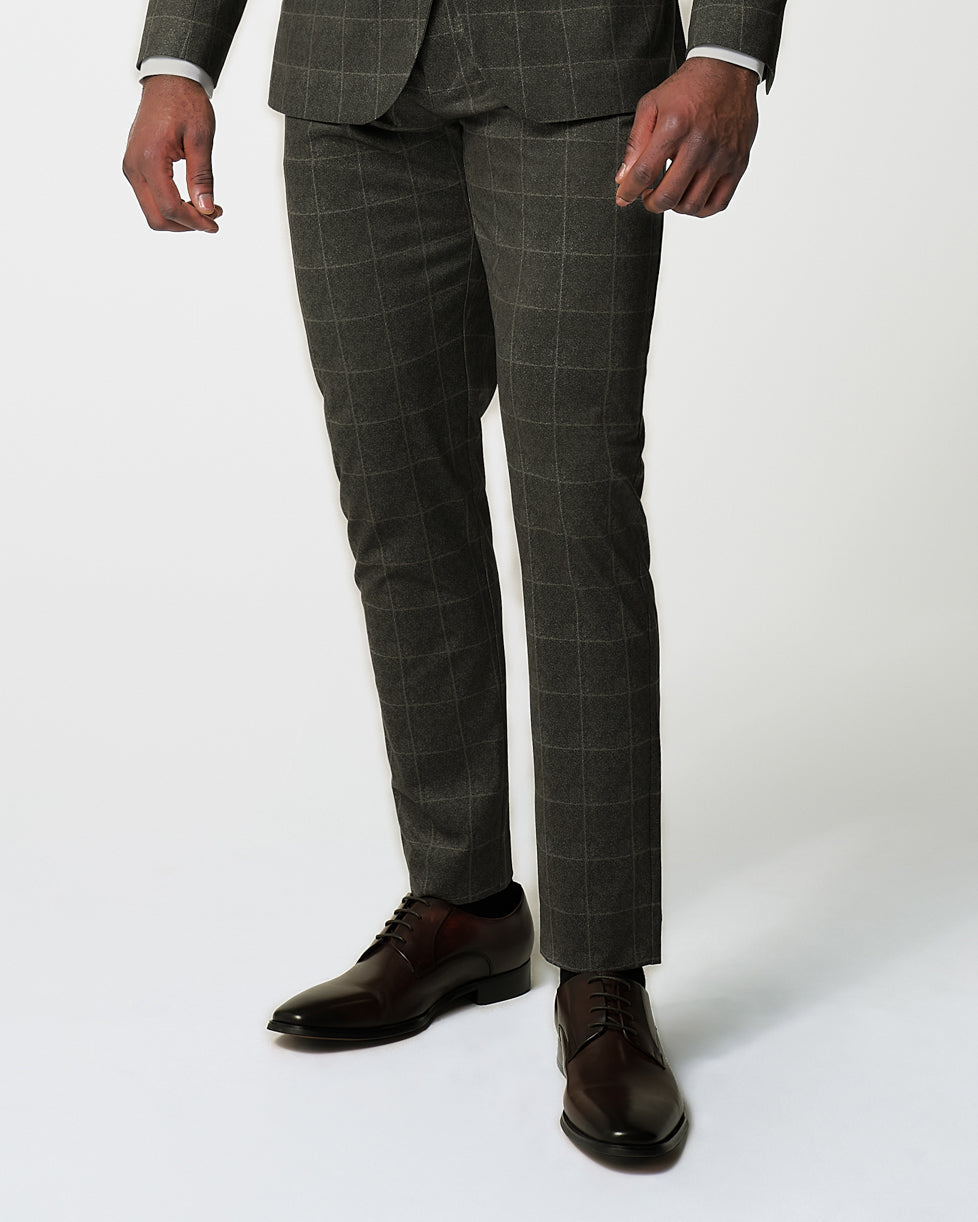 Athletic Fit Stretch Suit Pants - Olive with White Windowpane