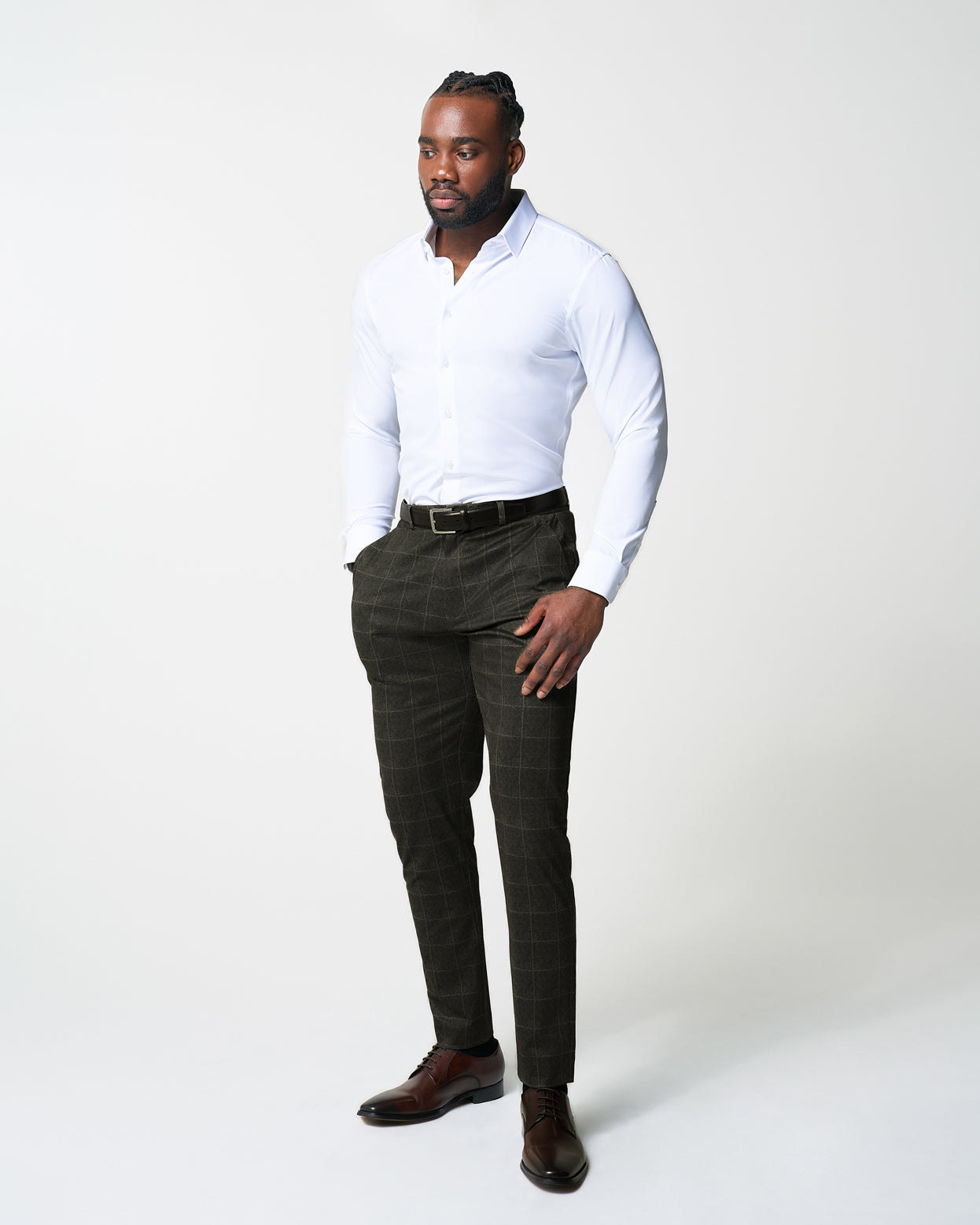 Athletic Fit Stretch Suit Pants - Olive with White Windowpane