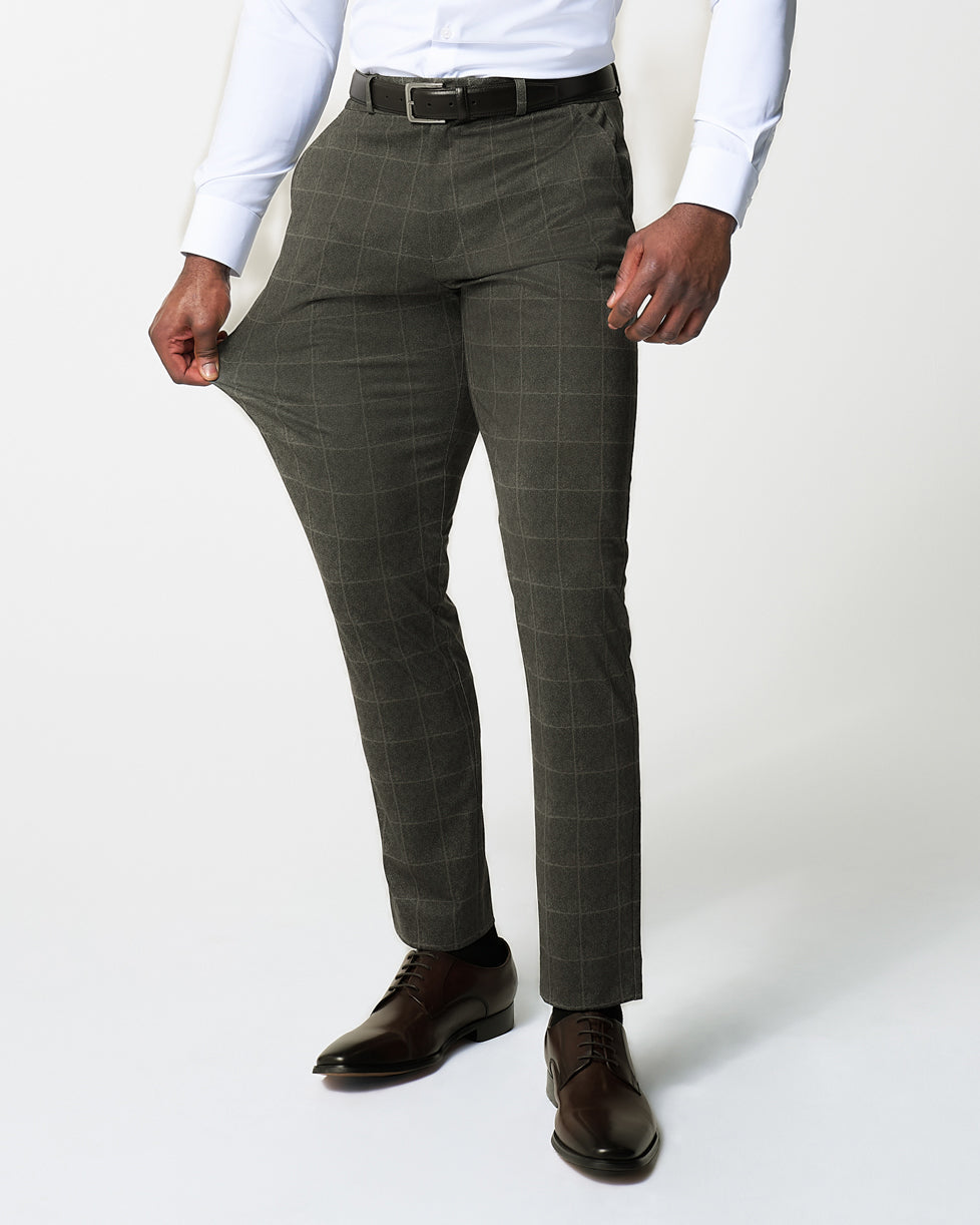 Athletic Fit Stretch Suit Pants - Olive with White Windowpane