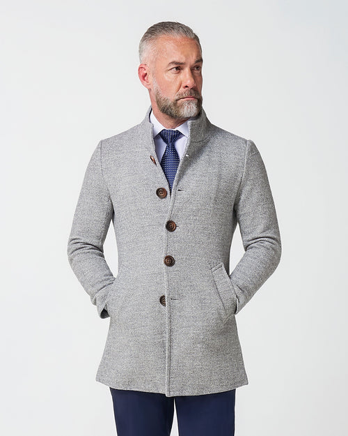 Open Button Overcoat - Grey Herringbone