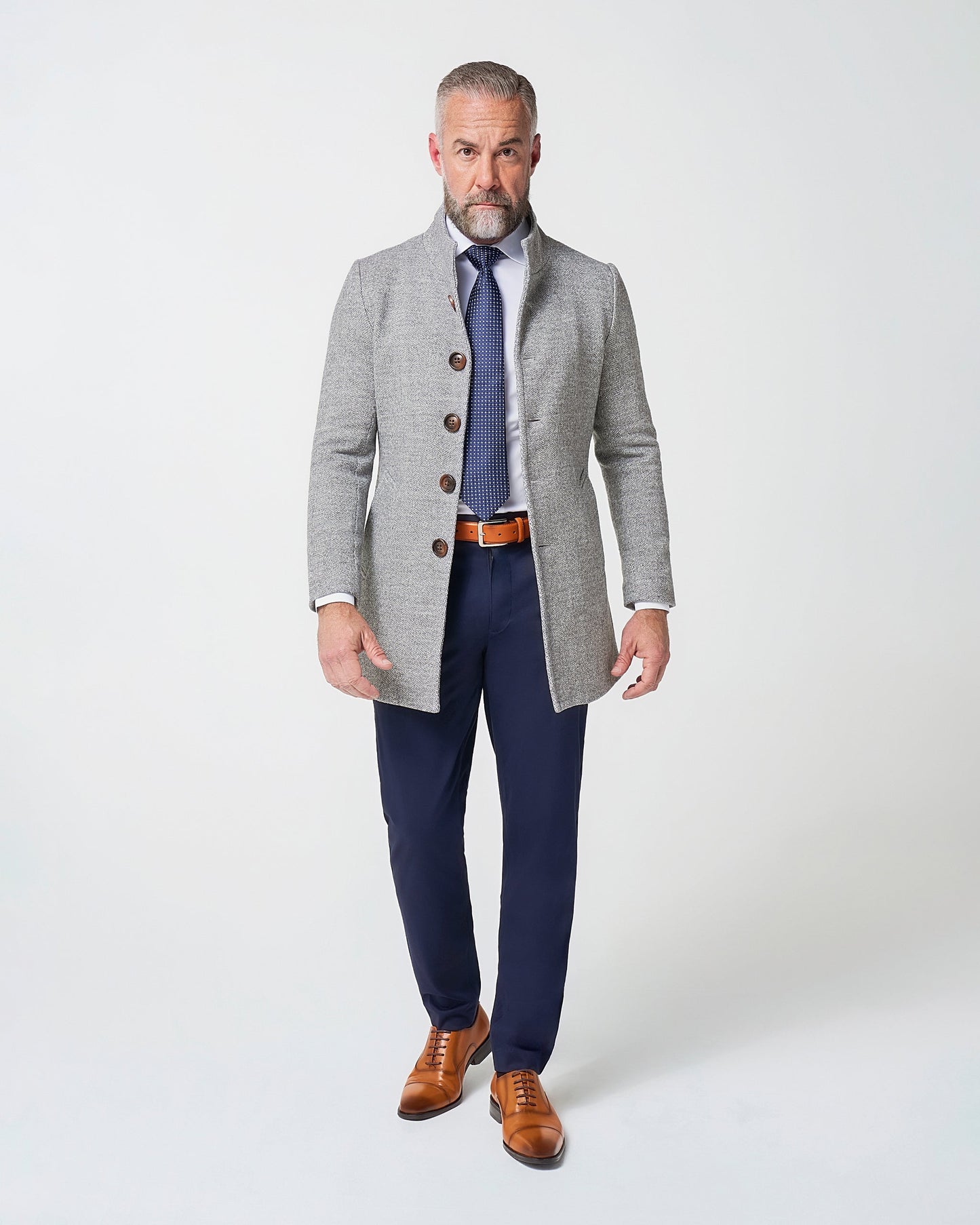 Open Button Overcoat - Grey Herringbone