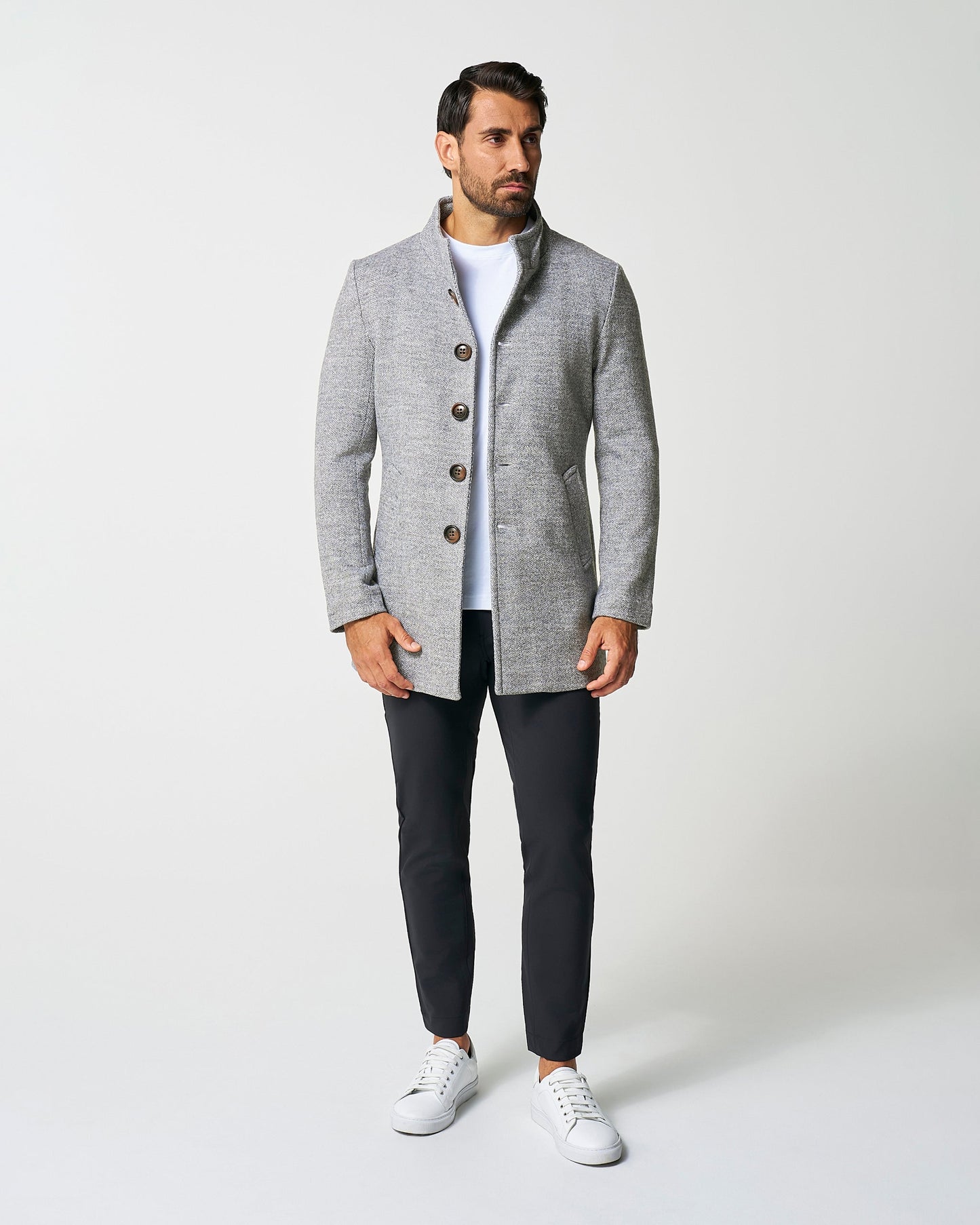 Open Button Overcoat - Grey Herringbone