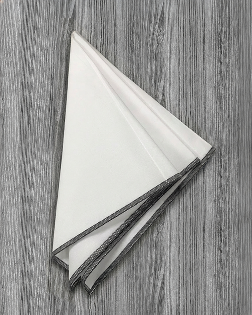 Pocket Square - White With Dark Grey Edge Stitch