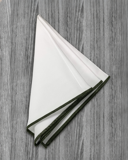 Pocket Square - White With Dark Olive Edge Stitch