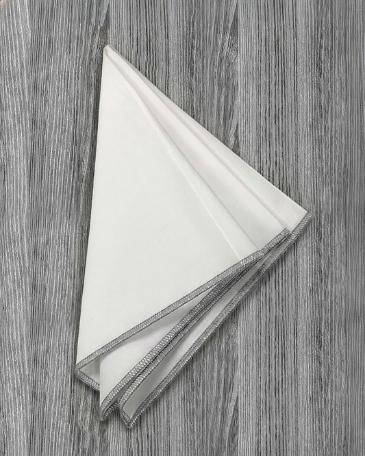 Pocket Square - White With Light Grey Edge Stitch