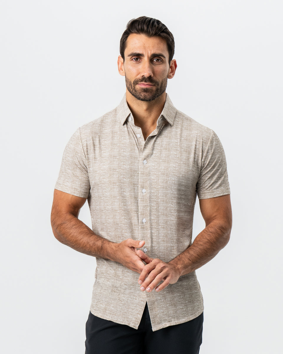"The Giovanni" Printed Linen Olive Short Sleeve Button Down