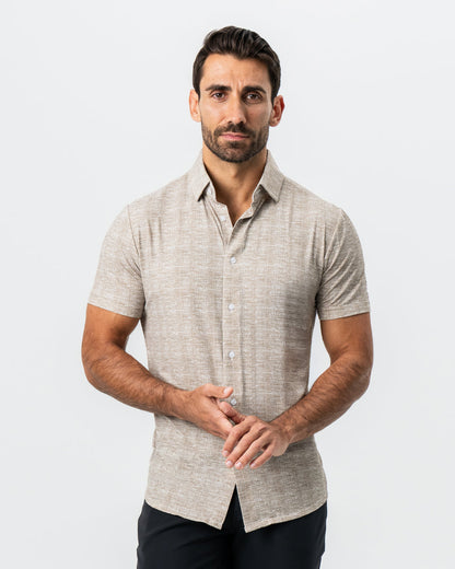 "The Giovanni" Printed Linen Olive Short Sleeve Button Down