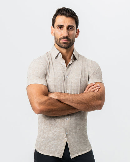 "The Giovanni" Printed Linen Olive Short Sleeve Button Down