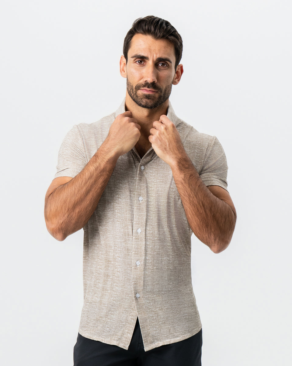 "The Giovanni" Printed Linen Olive Short Sleeve Button Down