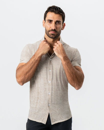 "The Giovanni" Printed Linen Olive Short Sleeve Button Down