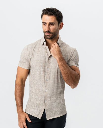 "The Giovanni" Printed Linen Olive Short Sleeve Button Down