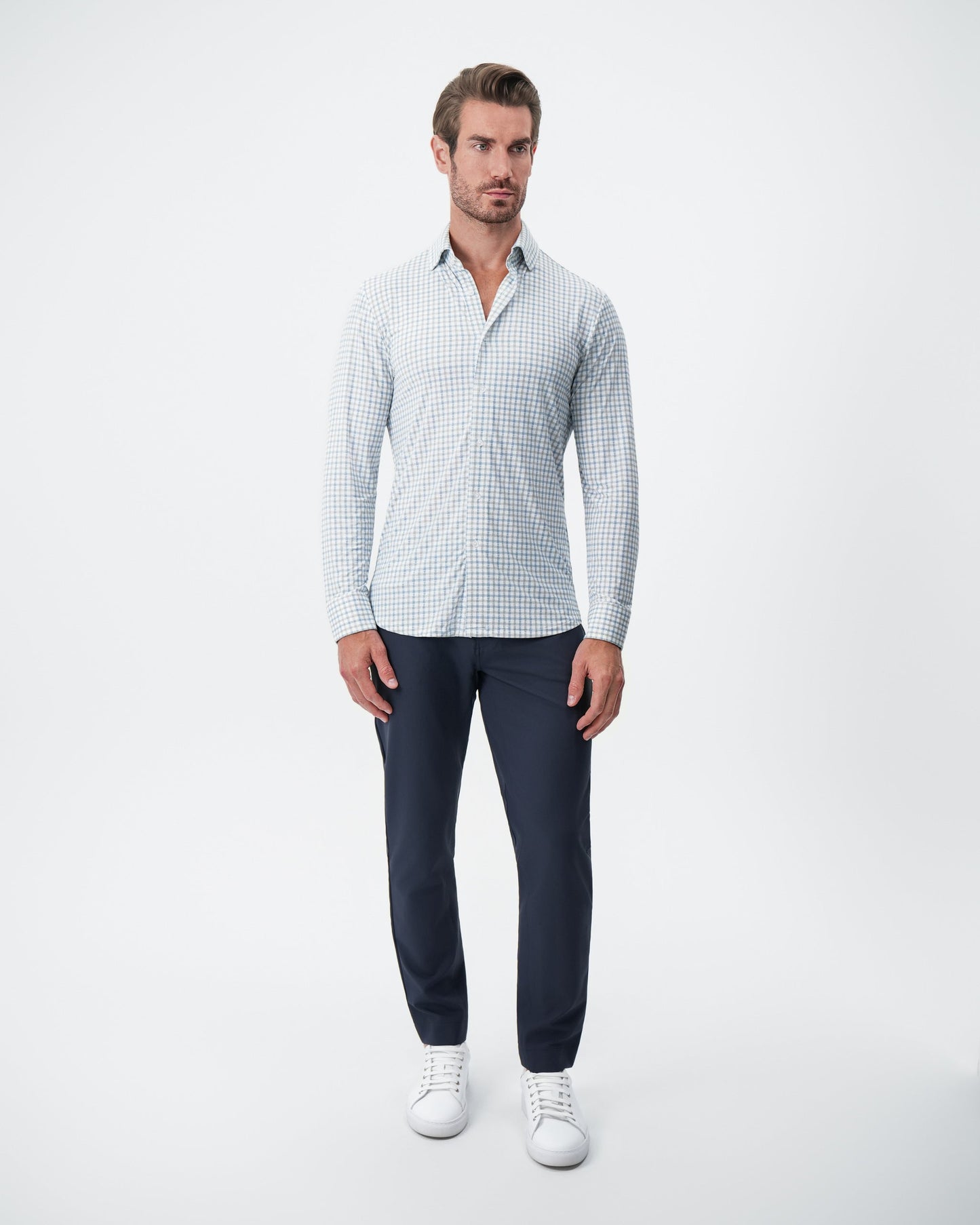 "The Dime" Sport Shirt - White, Grey & Light Blue Windowpane