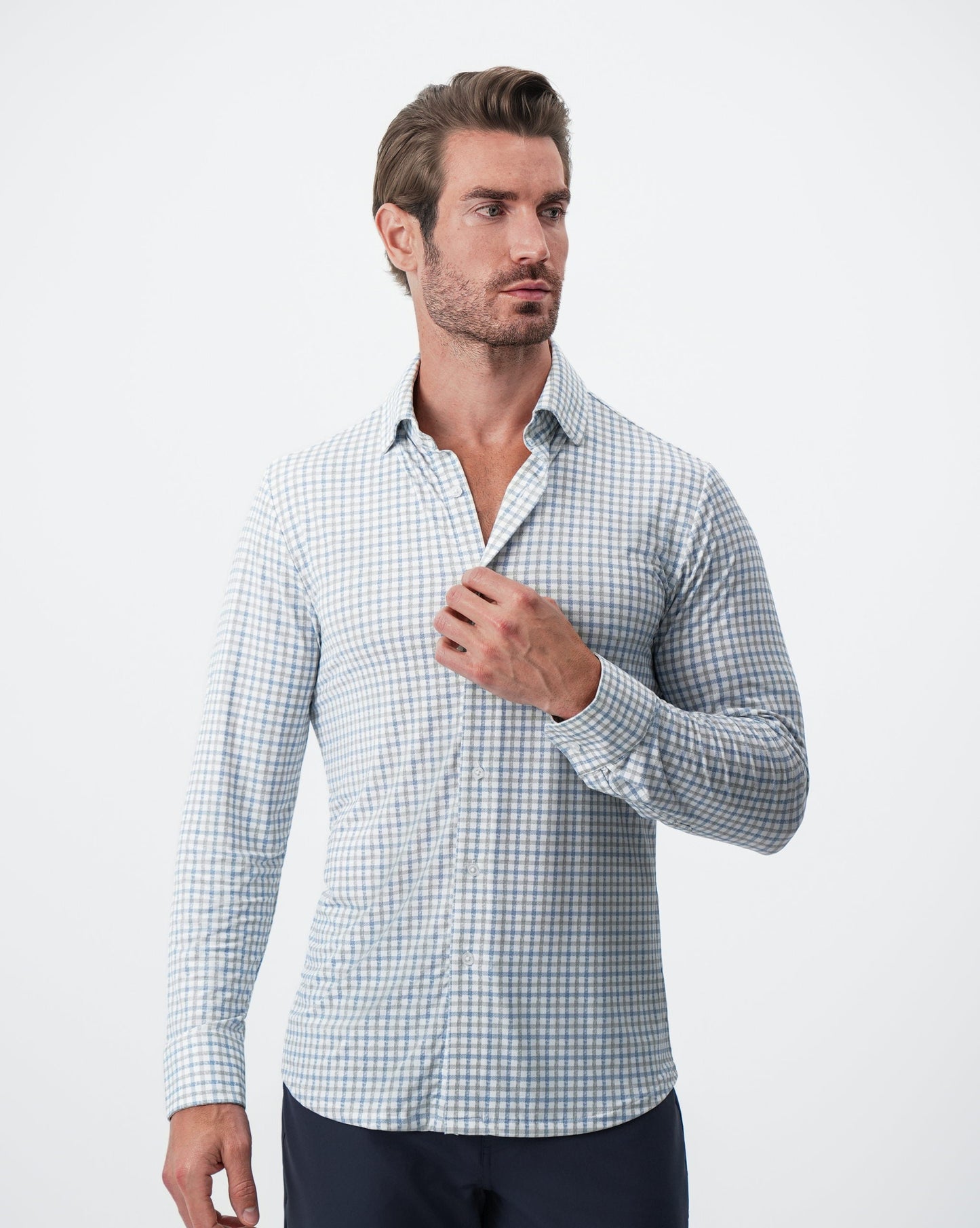 "The Dime" Sport Shirt - White, Grey & Light Blue Windowpane