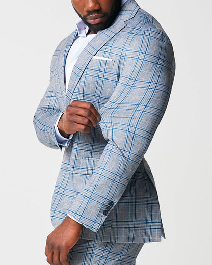 Athletic Fit Stretch Suit - Grey & Royal Blue Plaid
