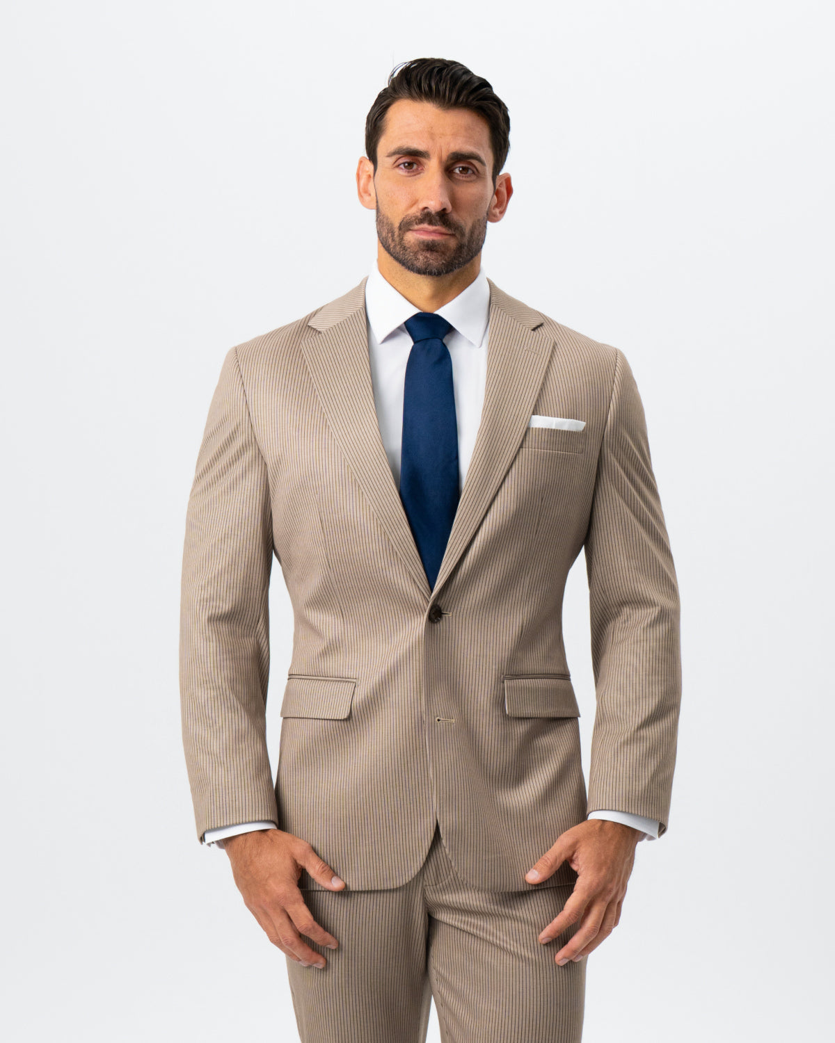 Athletic Fit Stretch Suit - Khaki and Olive Pinstripe