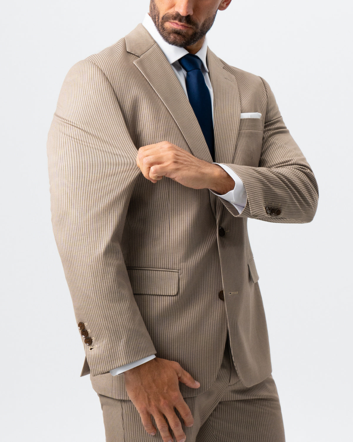 Athletic Fit Stretch Suit - Khaki and Olive Pinstripe