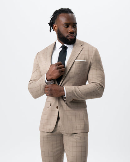 Athletic Fit Stretch Suit - Khaki and Olive Windowpane