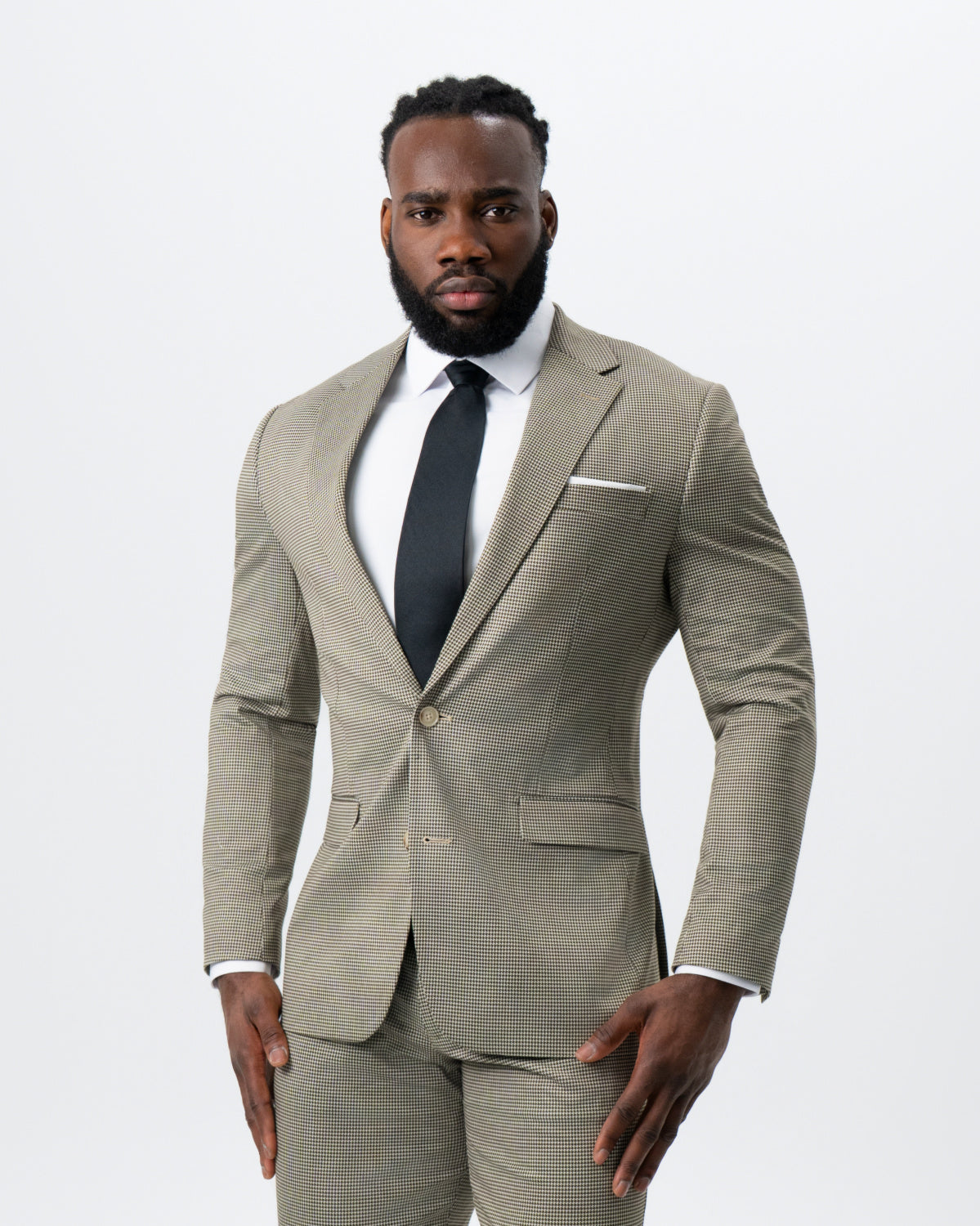 Athletic Fit Stretch Suit - Olive Houndstooth