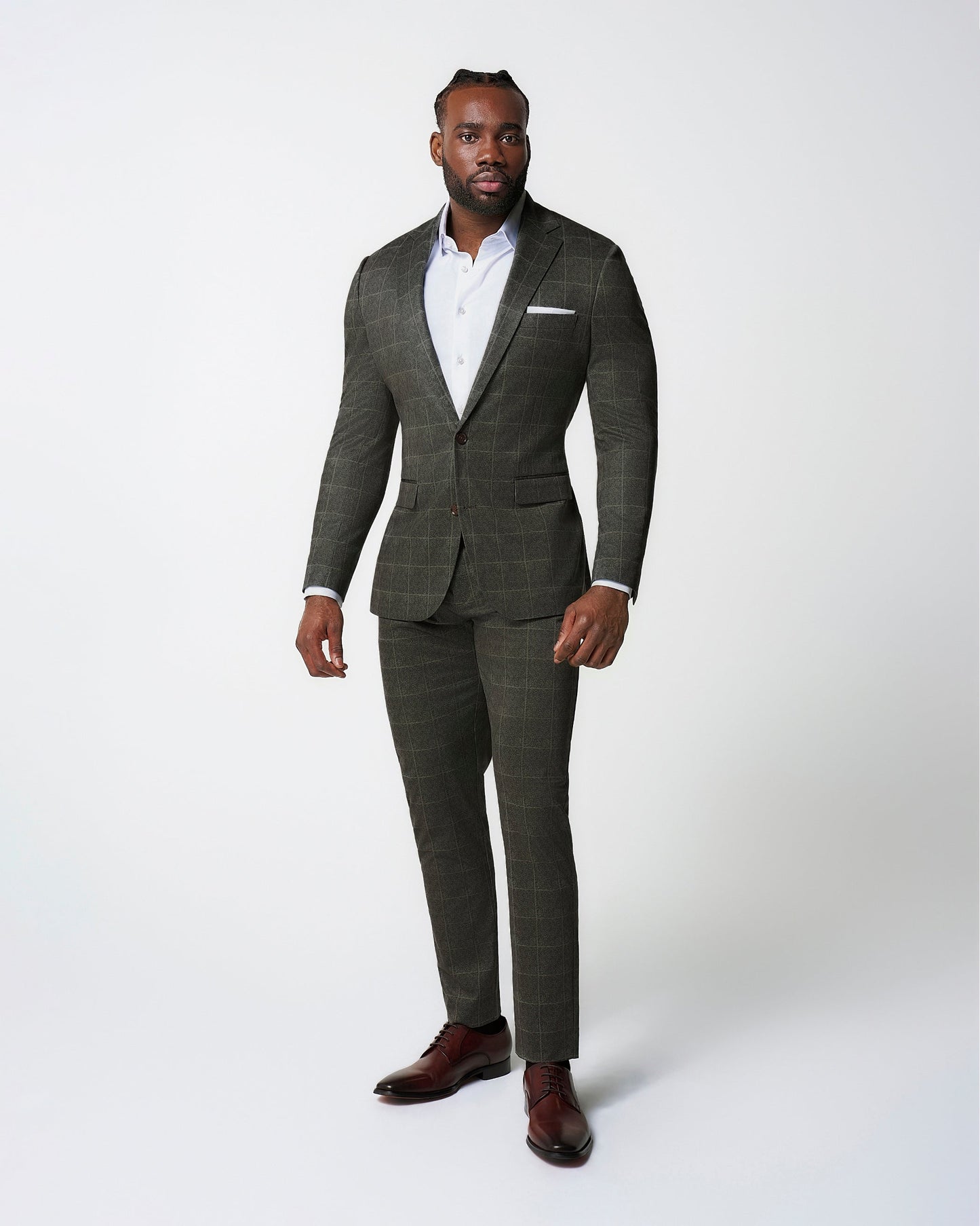 Athletic Fit Stretch Suit - Olive with White Windowpane