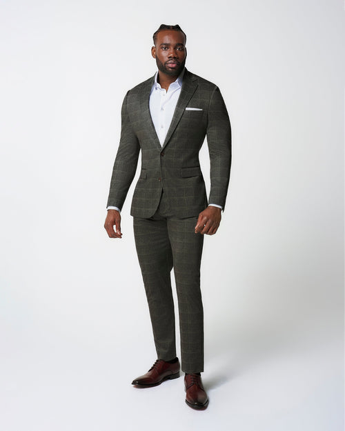 Athletic Fit Stretch Suit - Olive with White Windowpane