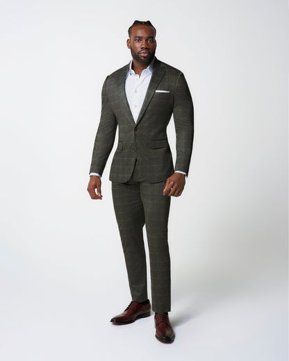 Athletic Fit Stretch Blazer - Olive with White Windowpane