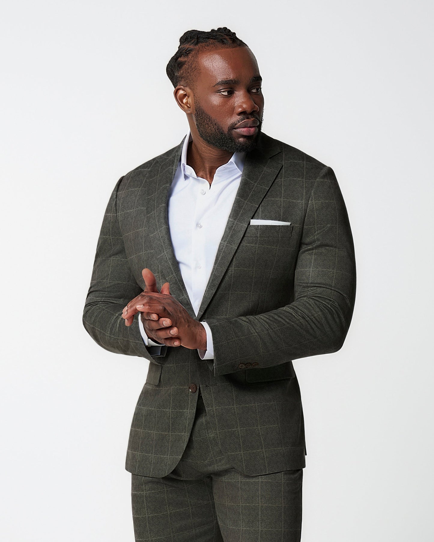 Athletic Fit Stretch Suit - Olive with White Windowpane