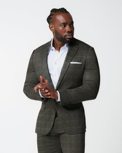 Athletic Fit Stretch Blazer - Olive with White Windowpane