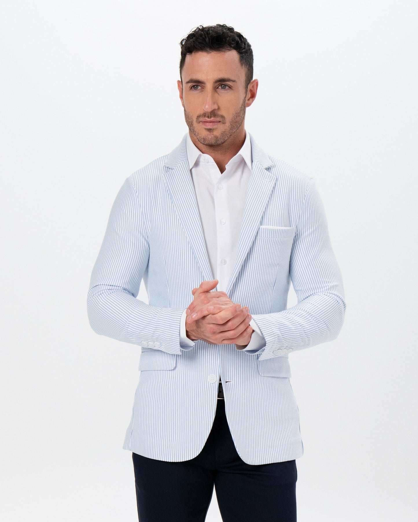 Athletic Fit Stretch Blazer - Light Blue & White Seersucker
