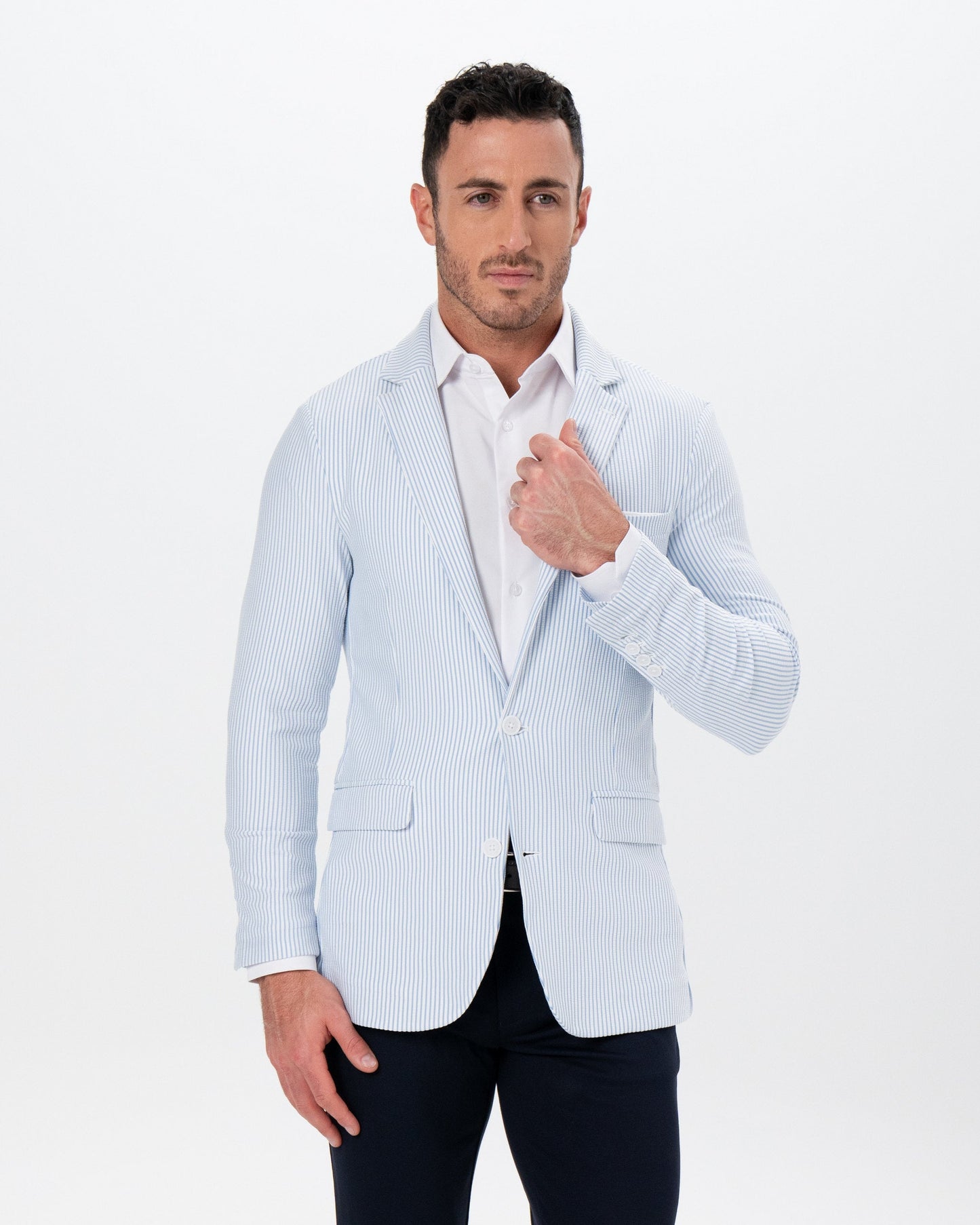 Athletic Fit Stretch Blazer - Light Blue & White Seersucker