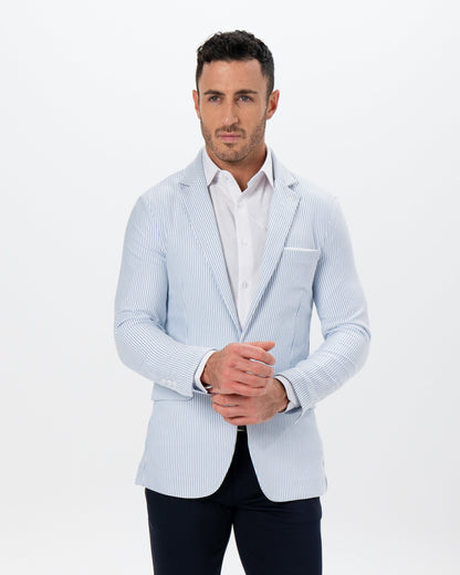 Athletic Fit Stretch Blazer - Light Blue & White Seersucker