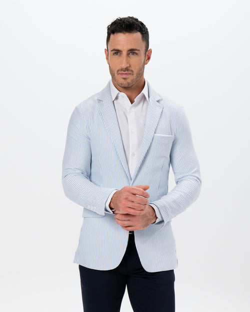 Athletic Fit Stretch Blazer - Light Blue & White Seersucker